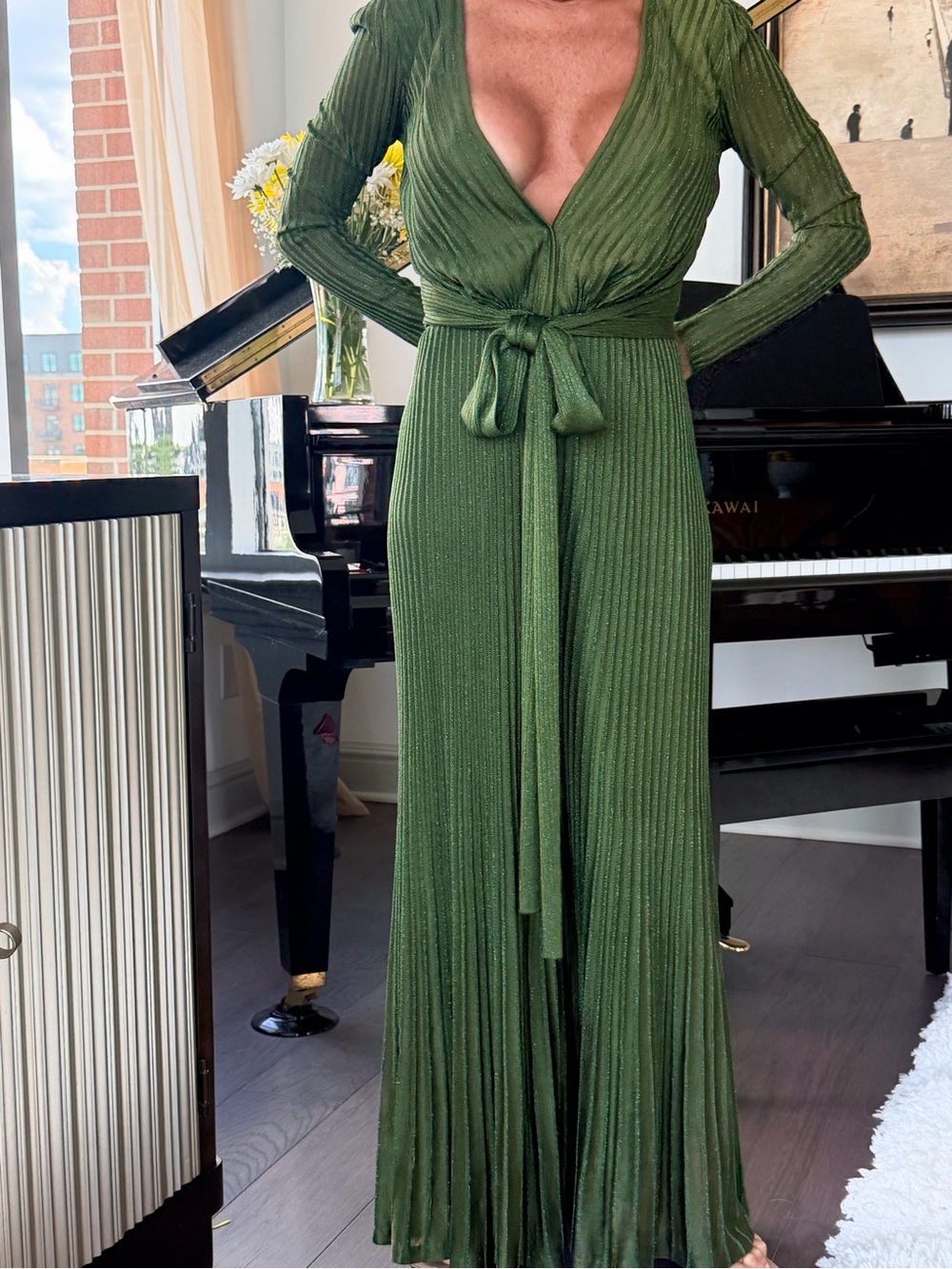 Elegant Olive Green Long Sleeve Wrap Maxi pantsuit